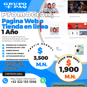 Promoción solo Hoy !! por $1,900.00 pesos tienes pagina web para tu negocio, Dominio y hospedaje incluido en tu 1er año. En Grupo MasPAQ